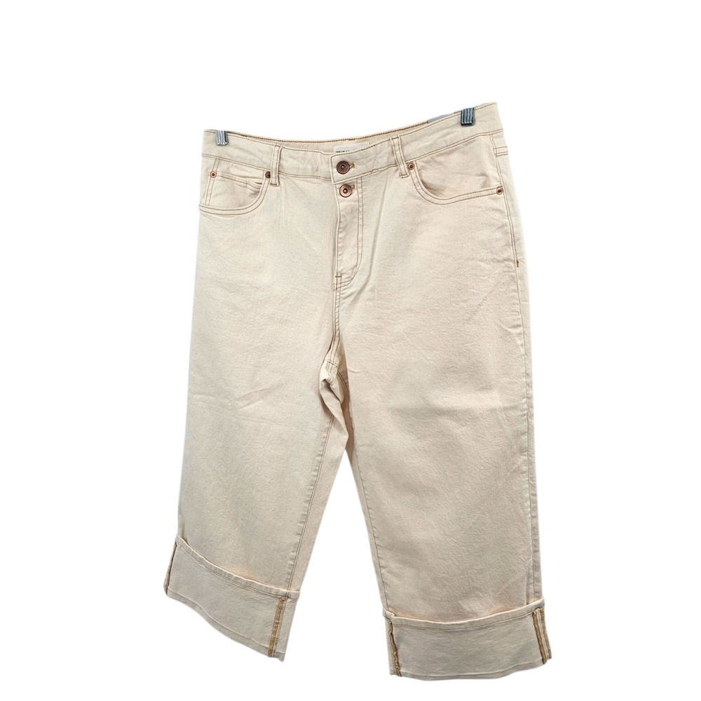 Tribal Jeans Womens 12 Cream Off White Stretch Denim Cuffed Crop Capri Pants